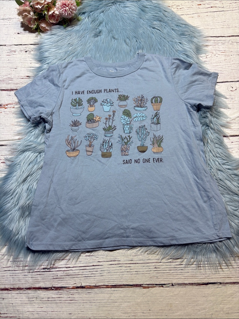Zoe + Liv I Have Enough Plants Graphic Short Sleeve Light Blue Tee sz M